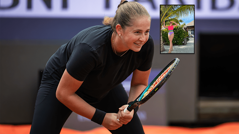 jeļena ostapenko celebrating on the tennis court, showcasing her unique style