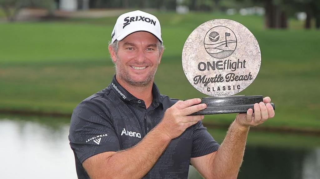 Ryan Fox celebrates as the PGA leaderboard today crowns him Myrtle Beach Classic champion.