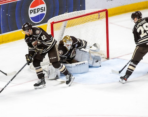 Hershey Bears secure a playoff win at Giant Center in Game 5, featuring key players celebrating a goal.
