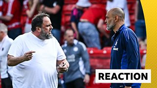 Nottingham Forest manager Nuno Espirito Santo and owner Evangelos Marinakis on the pitch following a dramatic Premier League match. The tension is palpable as the club moves towards European qualification.