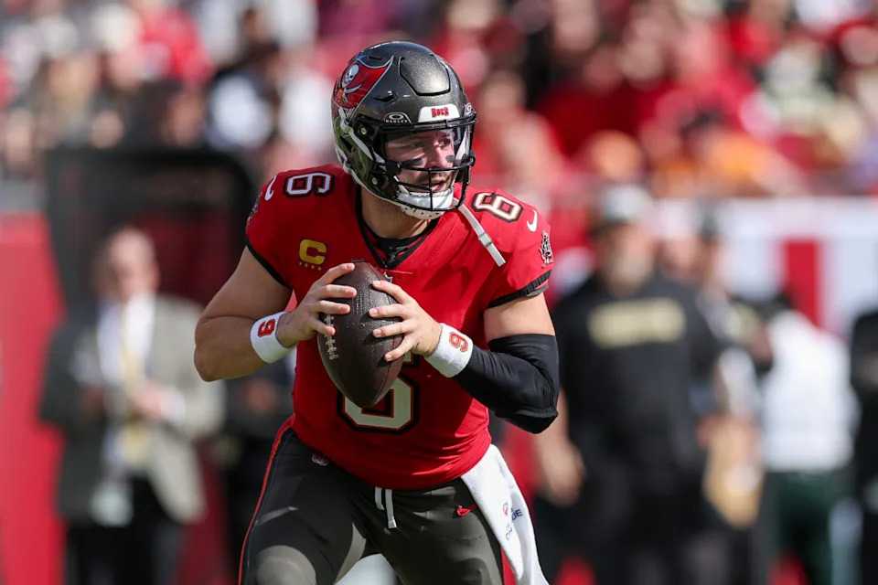 Baker Mayfield leads the Tampa Bay Buccaneers offense during a game
