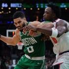 A dynamic NBA playoff action scene highlighting the best NBA 2025 matchups