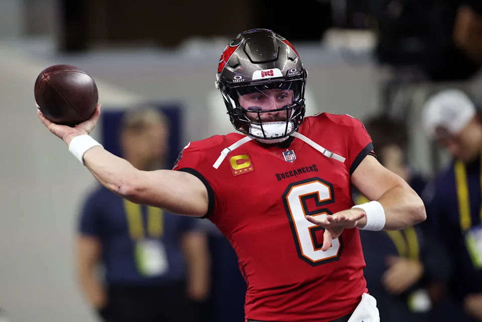Baker Mayfield warming up before a Buccaneers game in 2025