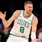 Porzingis celebrates during Celtics playoff game