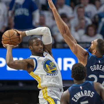 Donte DiVincenzo in the midst of on-court action during the Warriors vs. Timberwolves playoff series