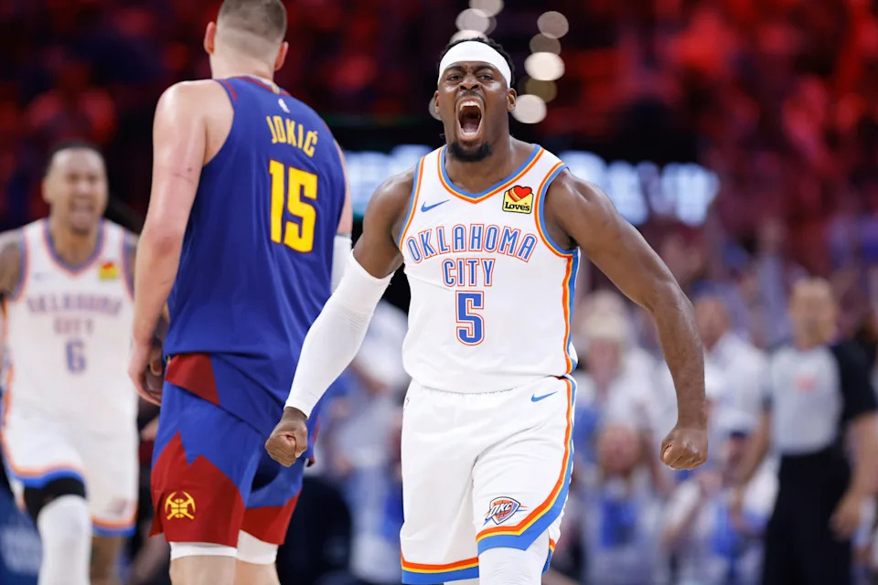 Denver vs OKC playoff action with Lu Dort defending