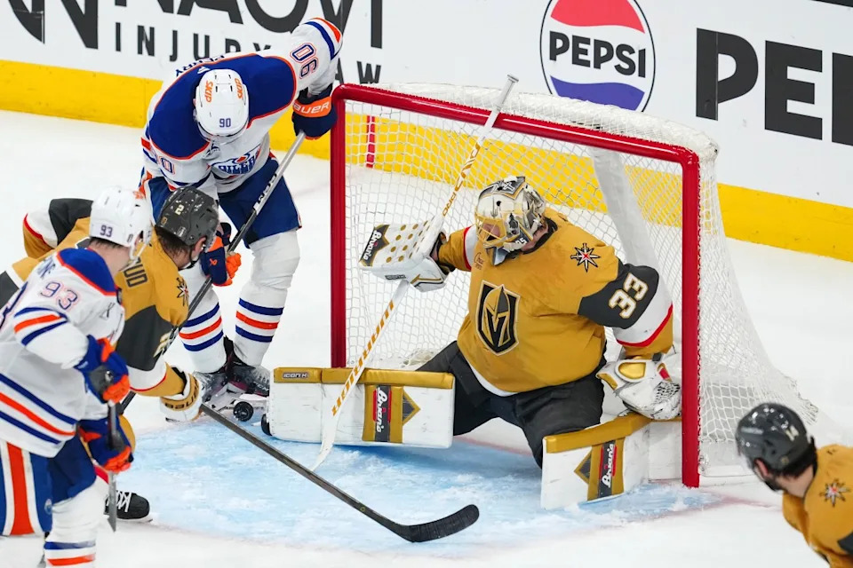 Adin Hill making a save for the Vegas Golden Knights