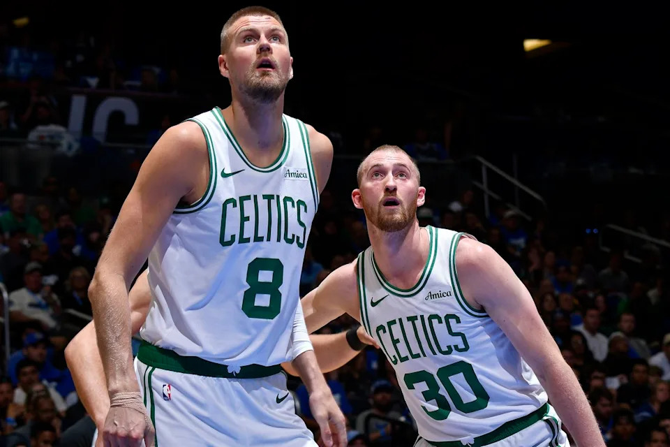 Sam Hauser works through a pre-game shootaround with the Boston Celtics