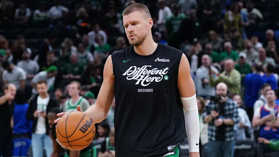 Kristaps Porziņģis on the court for the Celtics during the NBA Playoffs
