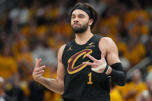 Max Strus celebrates after sinking a clutch three-pointer for the Cavaliers.