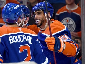 Evander Kane celebrates a playoff goal for the Edmonton Oilers
