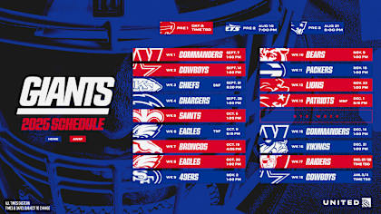 New York Giants 2025 NFL schedule graphic with team helmets