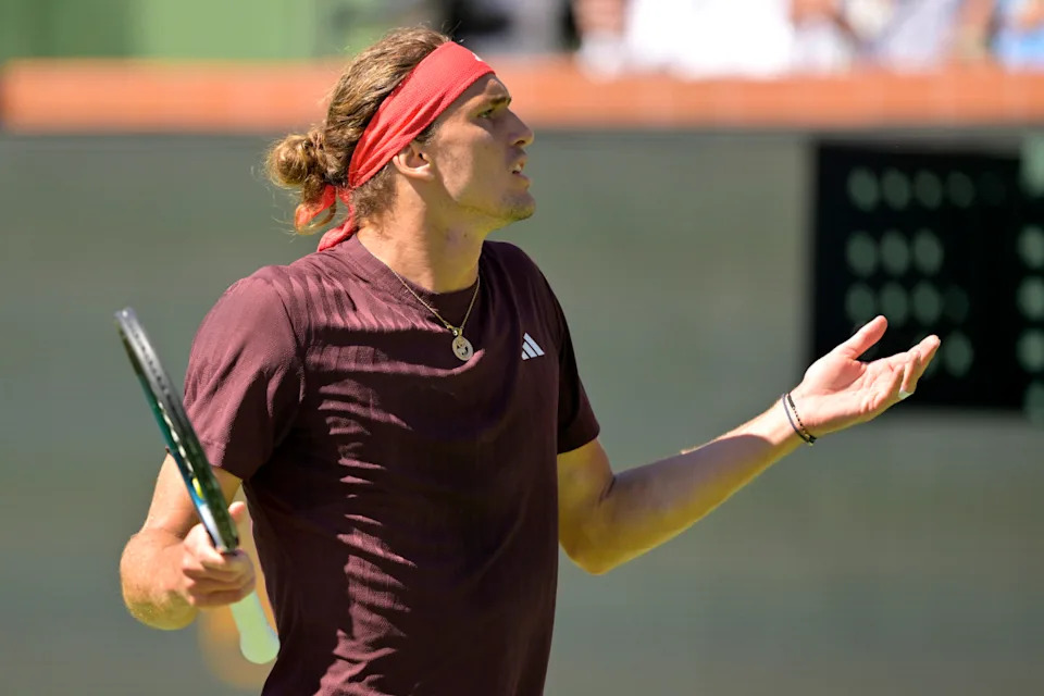 Alexander Zverev reacts during the Italian Open, visibly frustrated on court