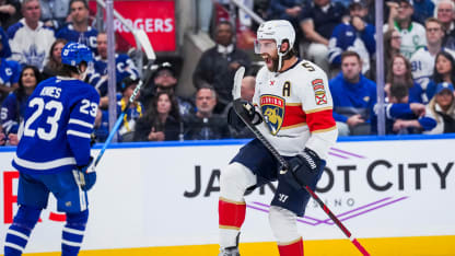 Aaron Ekblad celebrates a goal in the NHL Eastern Conference playoffs