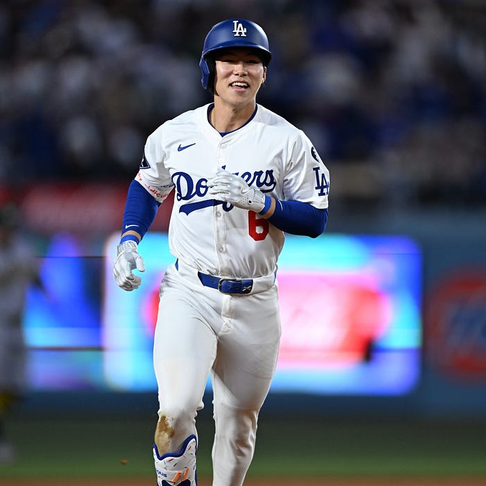Kim Hye-seong celebrates after a Dodgers win