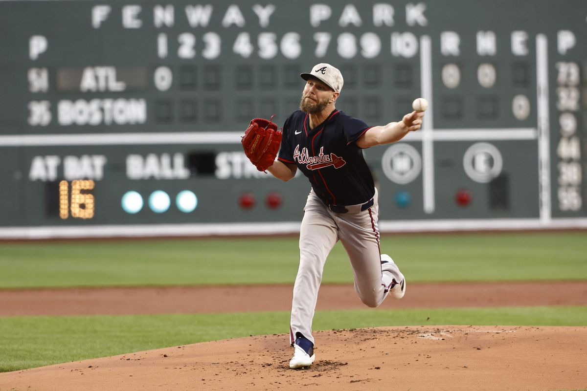Chris Sale pitching for the Braves at Fenway Park