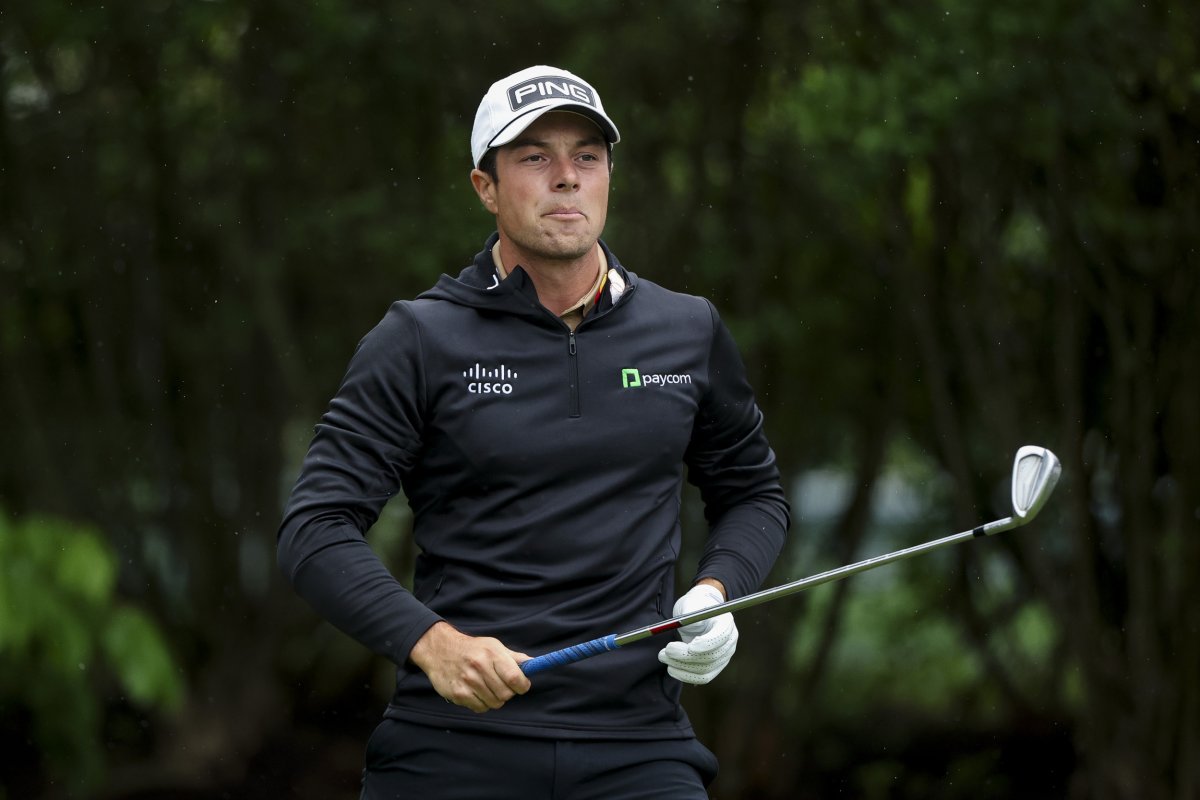 Viktor Hovland tees off during the 2025 PGA Championship