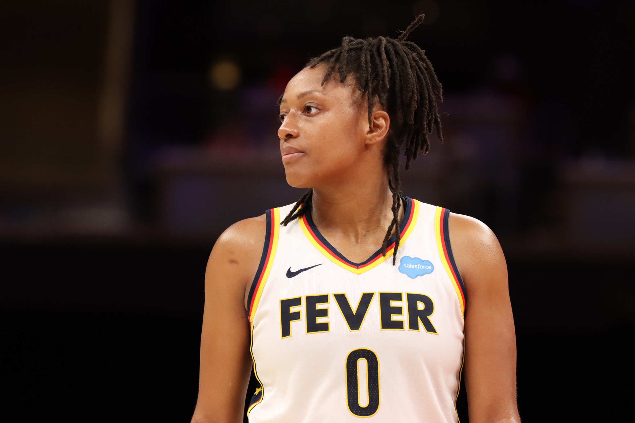 Kelsey Mitchell drives to the basket during an Indiana Fever game