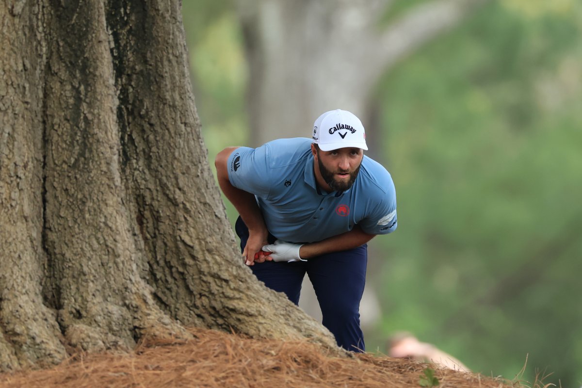Jon Rahm focuses on his swing during the 2025 PGA Championship
