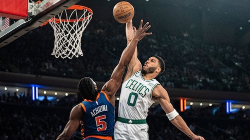 Precious Achiuwa contesting a shot during Knicks vs. Celtics, 2024 NBA Playoffs