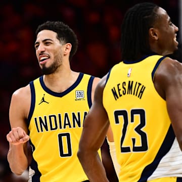 Tyrese Haliburton celebrating on court in Pacers jersey, a subject of increased attention regarding Tyrese Haliburton girlfriend