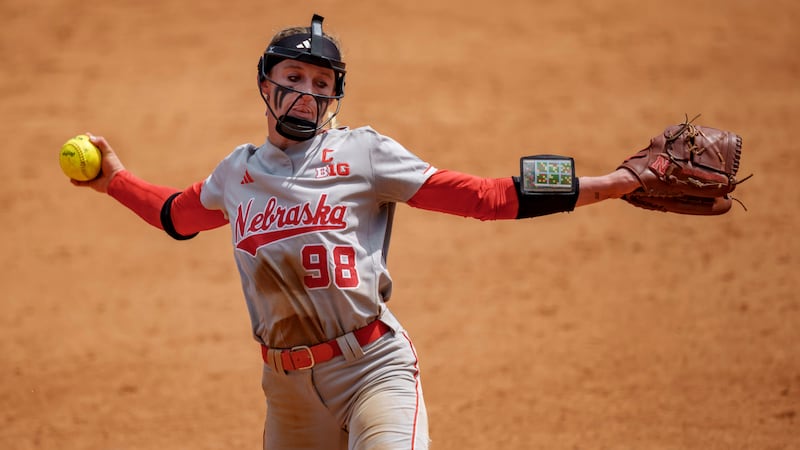 Nebraska softball player in action at the NCAA Regional tournament
