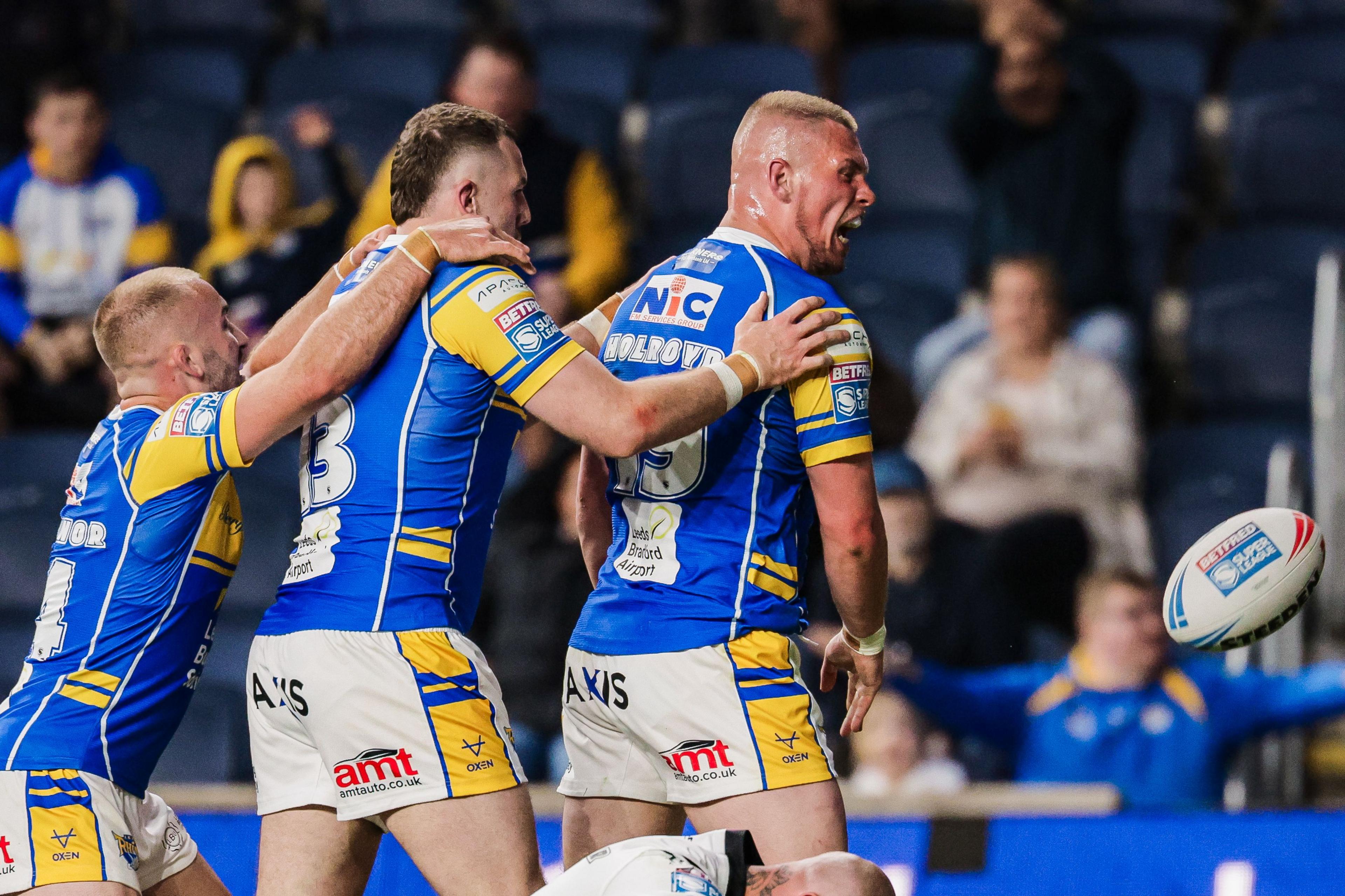 Ryan Hall celebrates a last-minute try for Leeds Rhinos