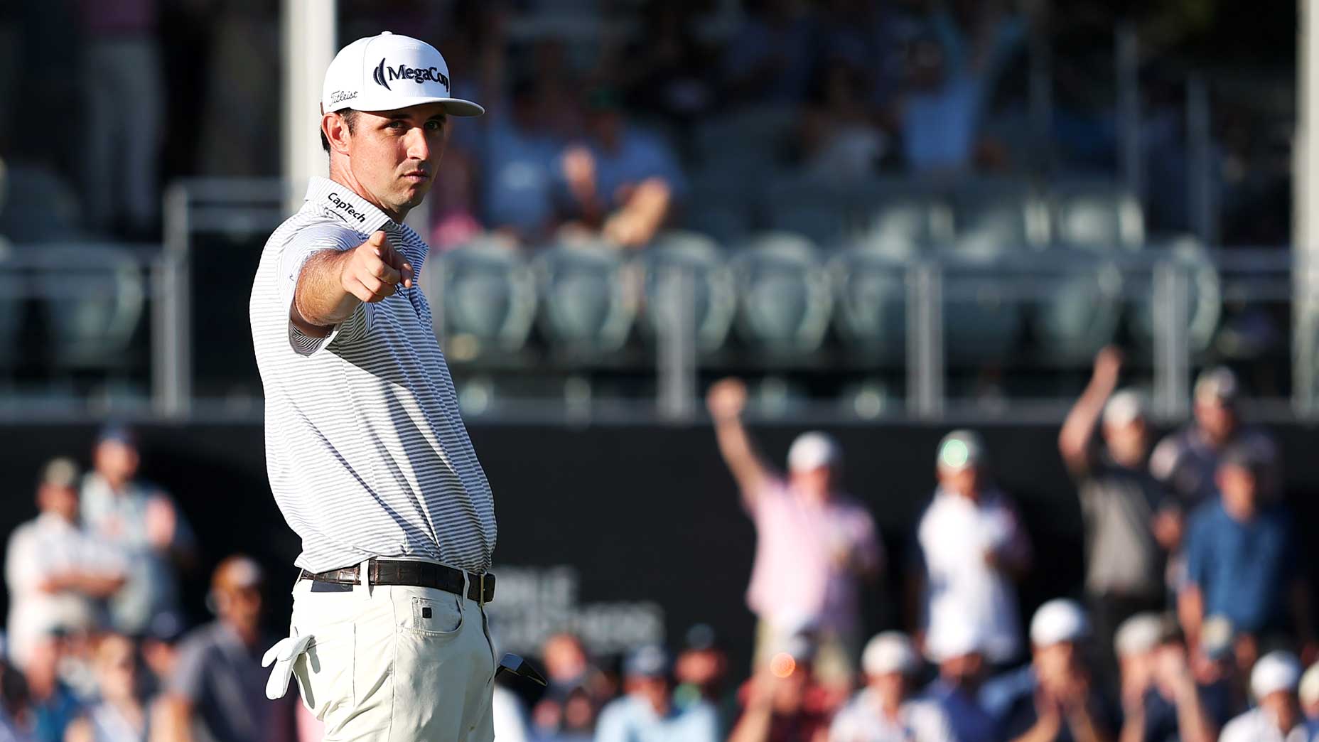 Johnny Vegas lines up a putt during the PGA Championship at Quail Hollow