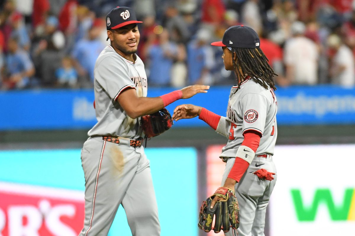 CJ Abrams celebrates a home run for the Nationals