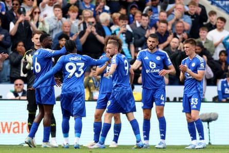 Jamie Vardy celebrates his final goal for Leicester City