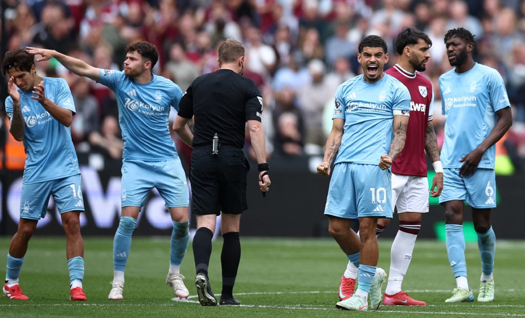 Nottingham Forest players celebrate after controversial VAR decision in the West Ham - Nottingham Forest match.