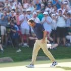 Jon Rahm lines up a putt during the PGA Championship