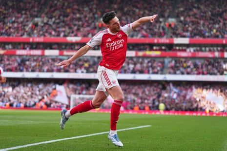 Arsenal vs Newcastle Premier League action, Declan Rice goal celebration