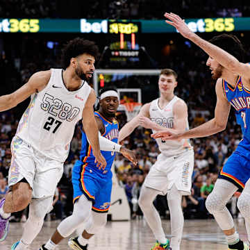 Jalen Williams celebrates with teammates after a big play for the Oklahoma City Thunder