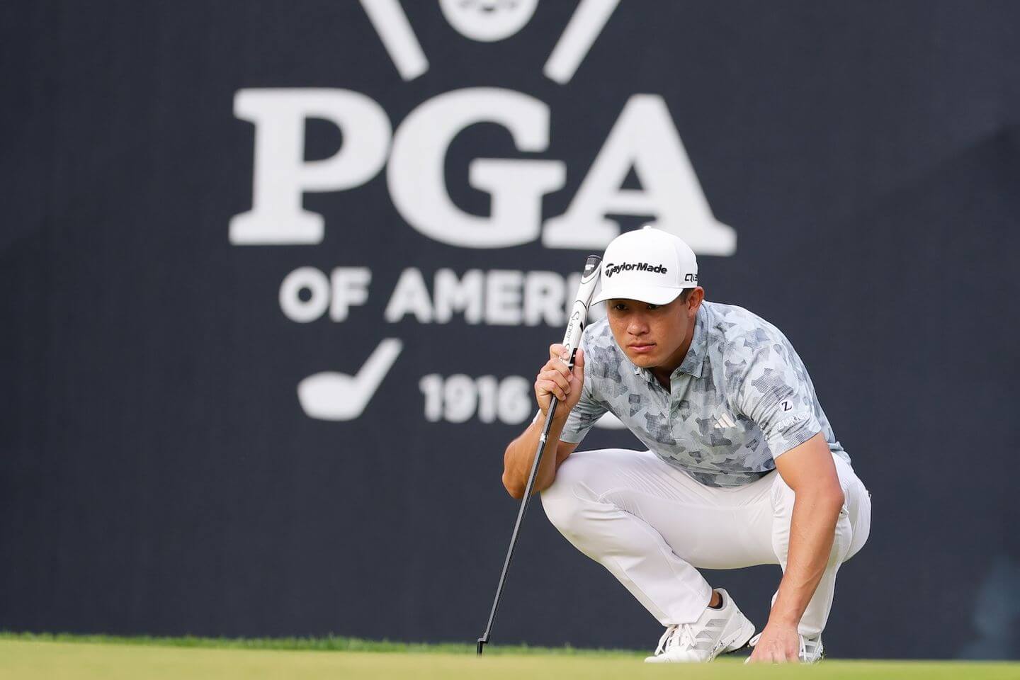 Collin Morikawa tees off during the PGA Championship at Quail Hollow