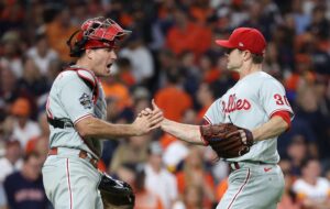 Phillies players celebrating during a recent game