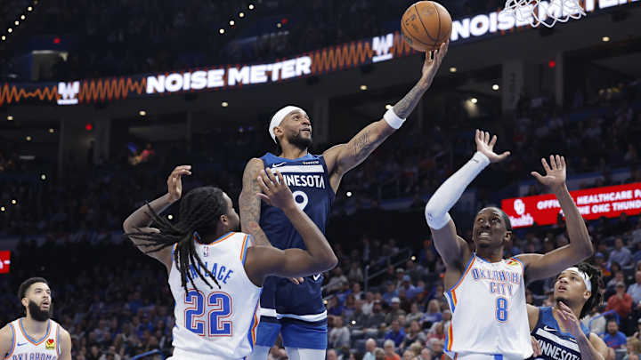 Cason Wallace driving to the basket for Oklahoma City Thunder