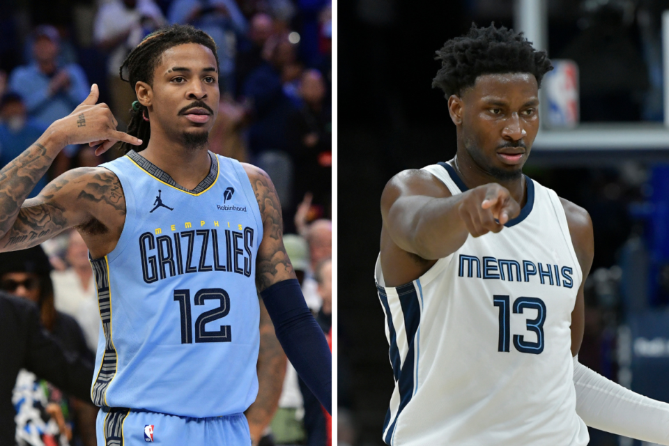 Ja Morant dribbles past defenders in a pivotal Grizzlies game