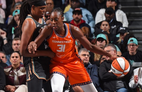 Tina Charles in Connecticut Sun uniform during a 2025 WNBA game.